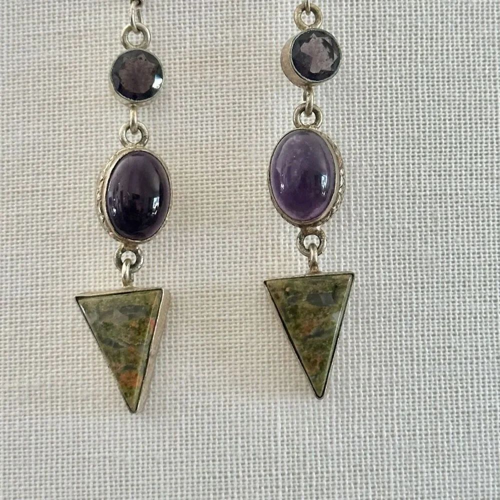 Sterling silver amethyst and unakite drop earrings